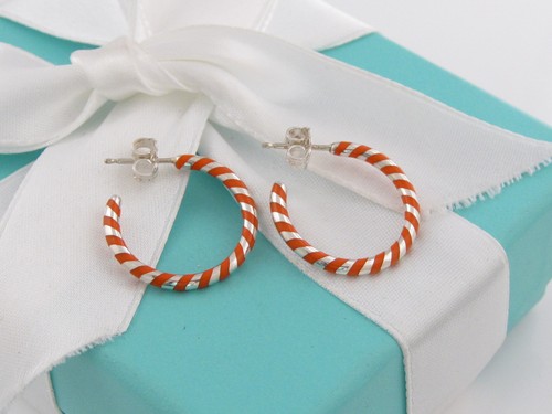 Nuevos Pendientes Aro Tiffany & Co Plata Naranja Esmalte Rayas Redondos Círculo - Imagen 4 de 5