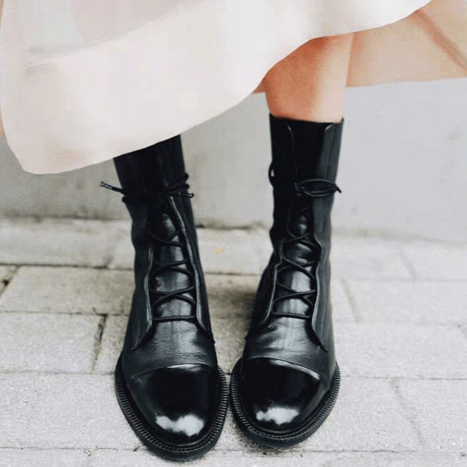 Estados Unidos Mujeres Punk Tacones Bajos de Bloque Botas al Tobillo Puntera Puntera Puntiaguda Planas Informales con Cordones Zapatos