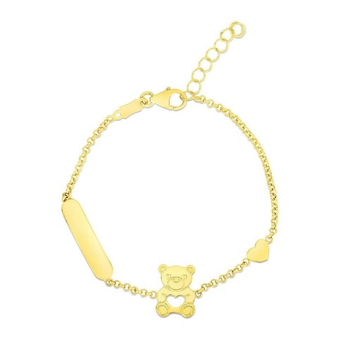 14k Yellow Gold Childrens Bracelet with Teddy Bear Heart and Bar - Picture 2 of 4