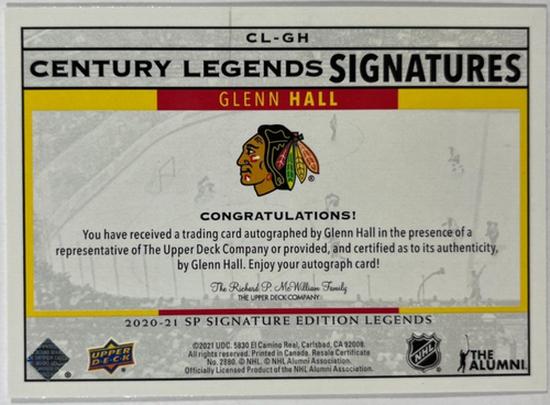 2020-21 SP Signature Edition Legends Glenn Hall Century Legends Signatures Auto - Picture 2 of 2