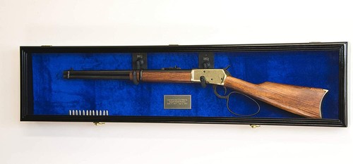 Gun Display Case Cabinet Long Rifle Black & Blue Wood Shotgun Shadow Box 54" L - Picture 2 of 9
