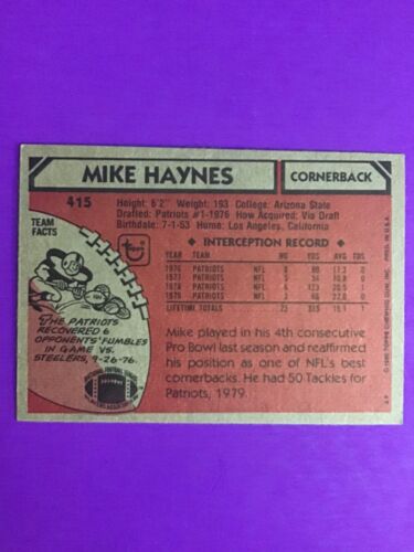 1980 TOPPS FOOTBALL SET BREAK CARD # 415 Mike Haynes NM/MT - Picture 2 of 2