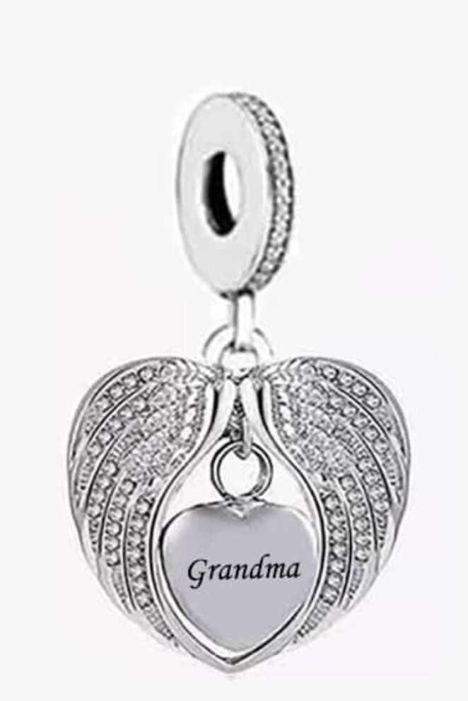 GRANDMA MEMORIAL ANGEL WING HEART CHARM 💜 GENUINE 925 STERLING SILVER