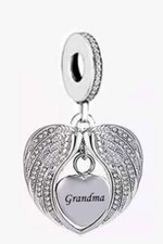 GRANDMA MEMORIAL ANGEL WING HEART CHARM 💜 GENUINE 925 STERLING SILVER
