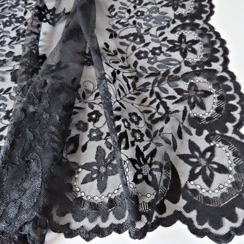 Antique c1900 Black Silk Embroidered LACE Refectory Runner 78"X29" * Provenance
