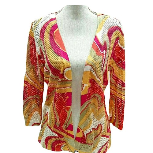 CJ Banks Cardigan Womens X 14W Open Weave Orange Abstract Overlay Sweater - Picture 5 of 13