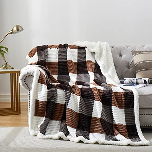Sherpa Blanket Twin Plaid Thick Bed Blanket, Checkered 60"*80" Brown-check - Picture 1 of 7