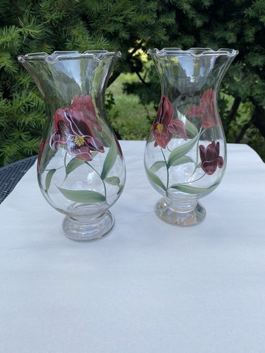 Vintage Paar handbemalte florale Klarglasvasen 8" hoch - Bild 1 von 11