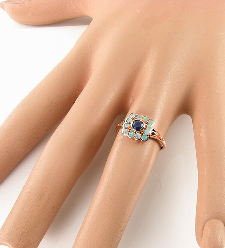 DAINTY 9K ROSE GOLD SAPPHIRE and OPAL HALO ART DECO SQUARE INS CLUSTER RING - Picture 5 of 5