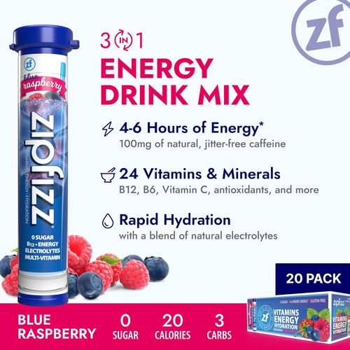 Zipfizz Daily Energy Drink Powder Blue Raspberry 20 Pack | 3-in-1 Sustained E... - Picture 2 of 7