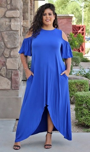 New PLUS SIZE Womens ROYAL BLUE HI LOW COLD SHOULDER MAXI DRESS 1X 2X POCKETS - Picture 4 of 10