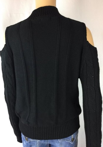 NWT BLACK SWAN, Black Cold Shoulder Long Sleeves Cable Knit Cotton Sweater SZ M - Picture 3 of 11