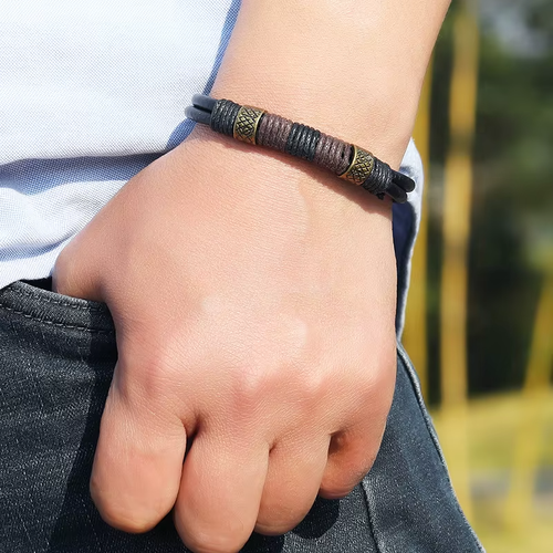 Surfer Real Leather Bracelet Mens Surf Wristband Braided Rope Bronze Buckle - Picture 3 of 6