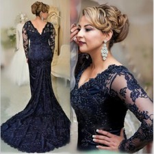 Navy Mermaid Lace Mother Of the Bride Dresses Long Sleeves Formal Evening Gowns