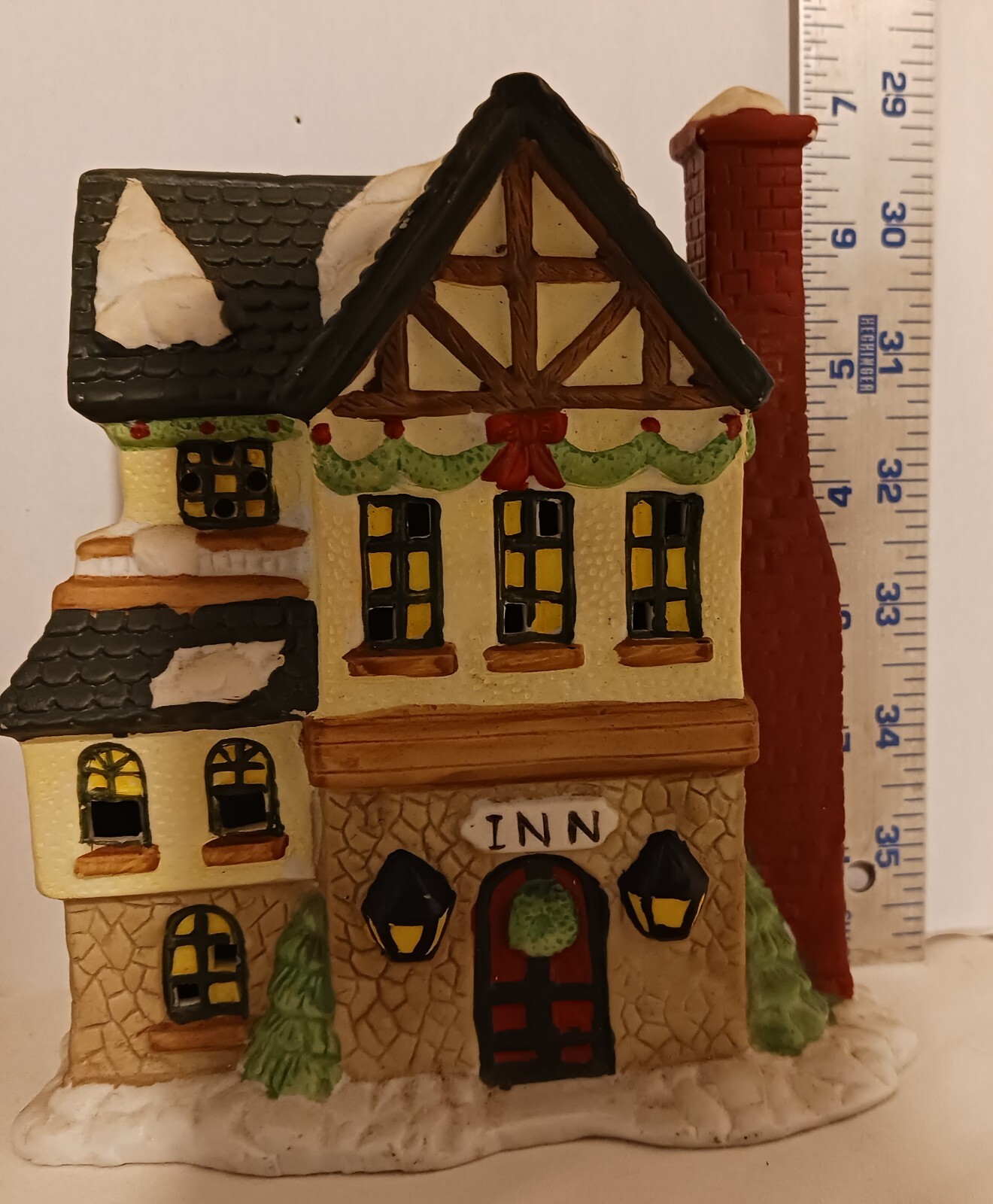 2 Vintage Porcelain Christmas Village Buildings TRAIN STATION & INN 6.5"
