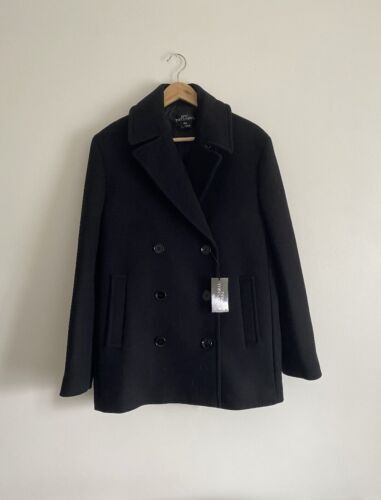 Men's ZARA STUDIO NICHOLSON Wool Leather Pea Coat LARGE navy