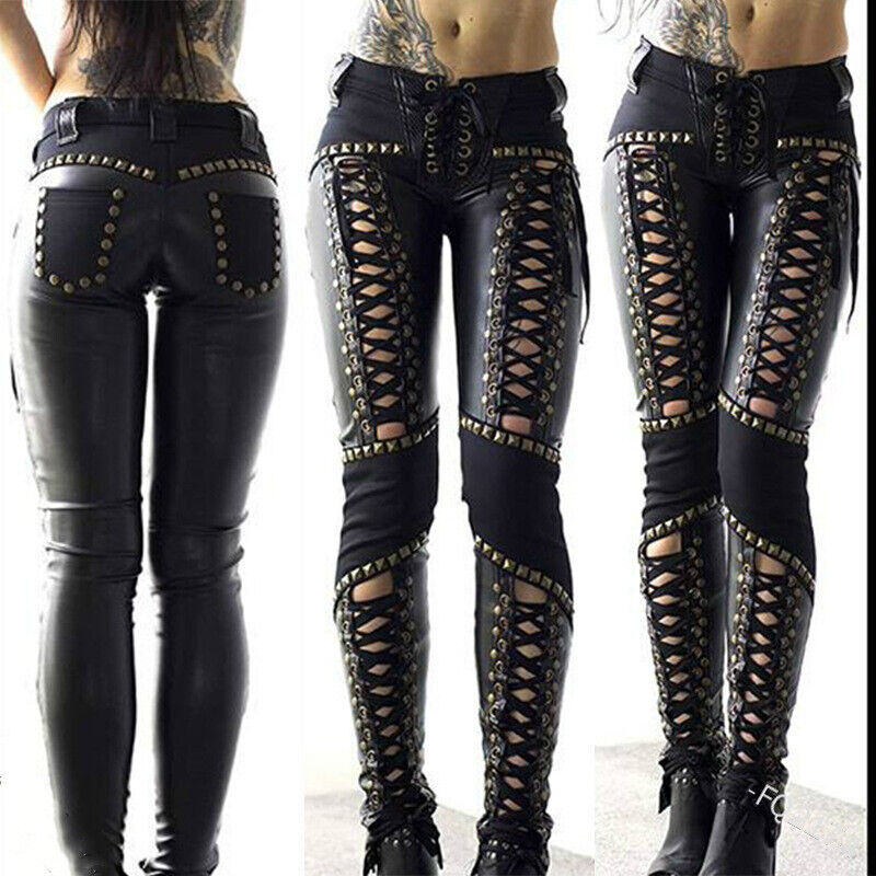 Hot Women Medieval Gothic Punk Rock Skinny Pu Leather Pants