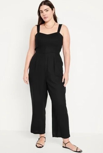 NEW Old Navy Black Linen Blend Fit & Flare Cami Jumpsuit Size L Petite