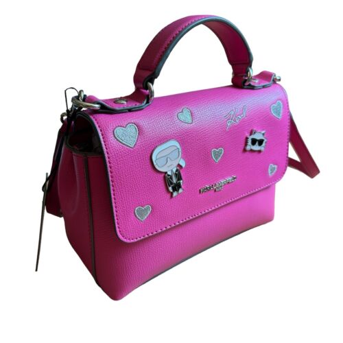Karl Lagerfeld Paris Logo Hearts Faux Leather Raspberry Crossbody Bag MSRP $178 - Picture 4 of 17