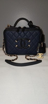 Chanel Navy And Black Filigree Vanity Case In Caviar Leather GHW