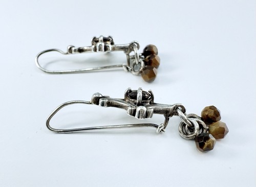 Signed 925 Sterling Silver Ornate Dangle Earrings with Tiger’s Eye Beads - Picture 6 of 13