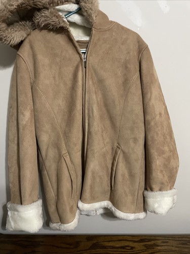 Vintage Y2K New York Khaki Faux Suede Coat Faux Fur Trim And Lining Hood Size M - Bild 1 von 8