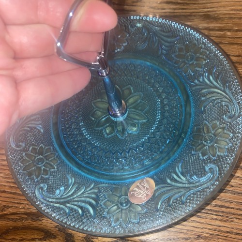 A Tiara Exclusive Light blue Tea Sandwich Plate Flower Pattern One Tier Aqua - Picture 5 of 6