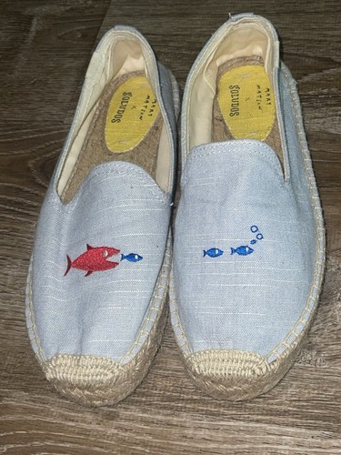 Mary Matson X Soludos Pale Blue Canvas Embroidered Fish Espadrille Flats Sz 8.5