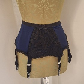 Vintage Gio Made In England Blue Satin Black Lace Garter Belt Lingerie Small