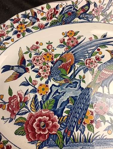 Vintage Vogelplatte groß oval exotische Vögel Blumen mehrfarbig  - Bild 3 von 18