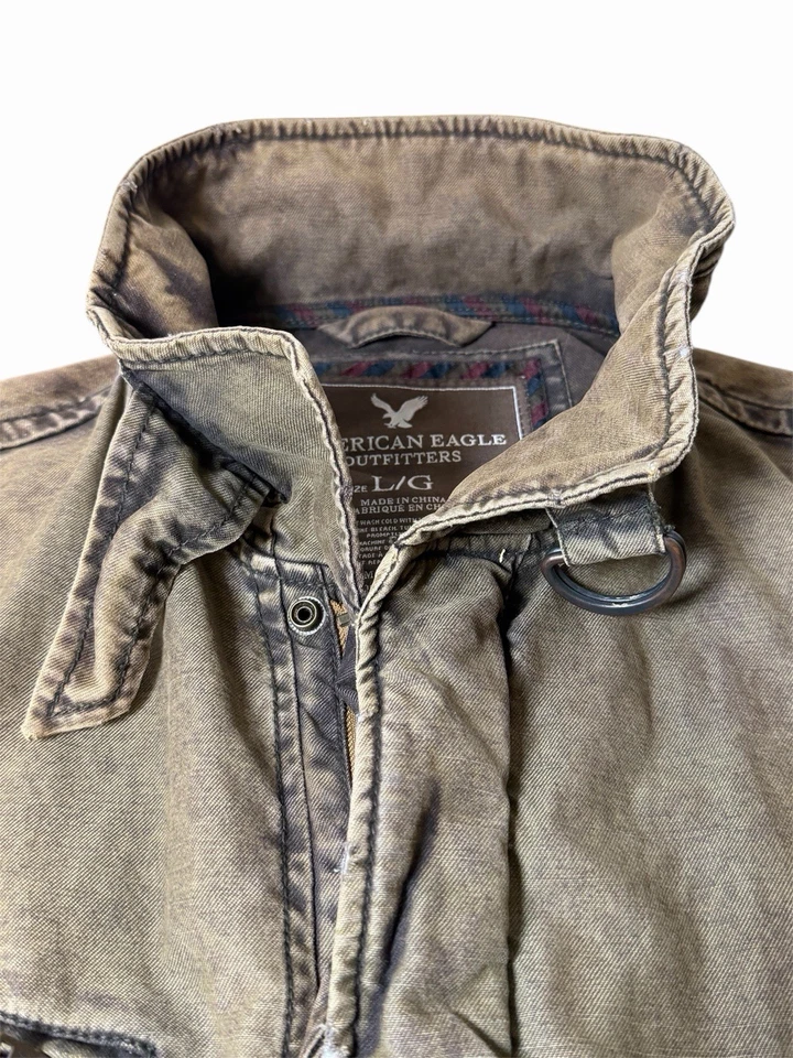 Chaqueta De Colección American Eagle Para Hombre L Marrón Denim Cremallera Completa Envejecido Abrigo Y2k Foto 4 de 4