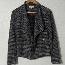 Calvin Klein Women Textured Zippers Black/Grey Tweed Flyaway Jacket Size M 120