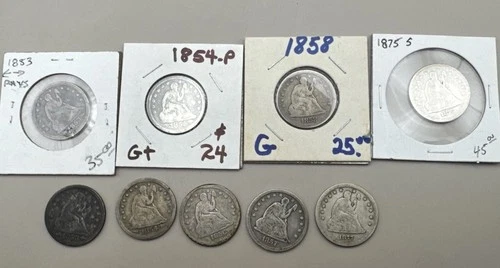 Lot of 9 US Seated Liberty Quarters 25C —P, S, O Partial to Full “Liberty” VG-VF