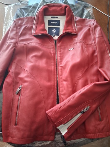 Men's $2k FERRARI FF Red-White Luxury Leather Racer Jacket US40-42 IT50-52 M-L - Picture 15 of 24