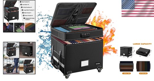 Fireproof Document Box with Lock & Wheels – Collapsible File Organizer, Black - Picture 2 of 11