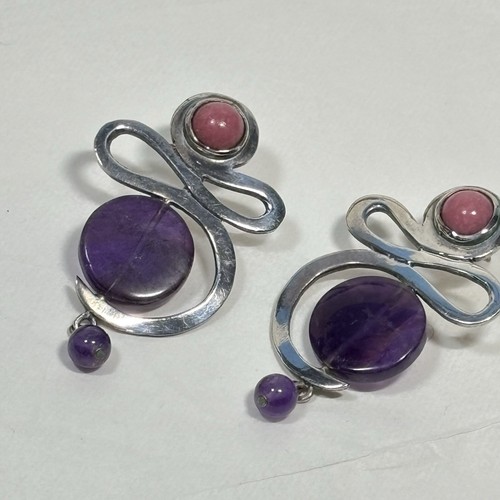 Handcrafted Sterling Silver Modernist Earrings Swirl Amethyst Pink Signed SK 2" - Picture 10 of 10