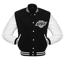 Los Angeles Kings Black Body White Leather Sleeves Varsity Jacket Men Size XL