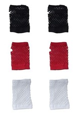 3 Pairs Fingerless Fishnet Gloves Neon Vintage Short Mesh Black, Red and White