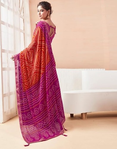 Indian Sarees Ror Women Bandhani Printed Chiffon Saree With Blouse - Picture 10 of 35