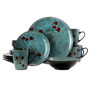 Elama Round Stoneware Floral Dinnerware Dish Set 16 Piece Blue With Red Accents