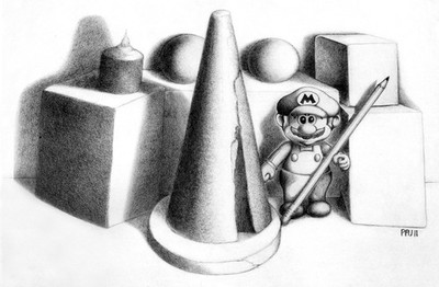 Original Graphite Still Life Drawing w/ Mario   Signed Phil Jordan Art