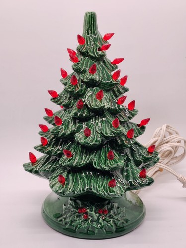 Vintage Ceramic Christmas Tree w/Holly & Berries on Base 10.5" Tall Red Works - Picture 2 of 23