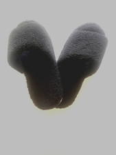 Women's Black Fuzzy Fleece Black Platform Slide Slippers White Sole Size 6-6.5