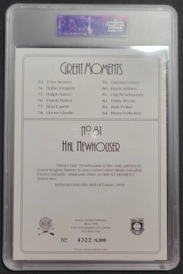 HAL NEWHOUSER SIGNED PEREZ STEELE GREAT MOMENTS POSTCARD AUTO PSA/DNA GEM 10 HOF - Image 2 of 3