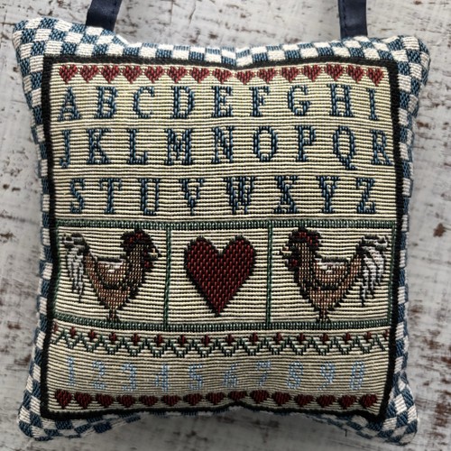 Rustic Country Decor Tapestry Sampler Roosters Door Knob Hanger Mini Pillow 5x5 - Picture 2 of 9