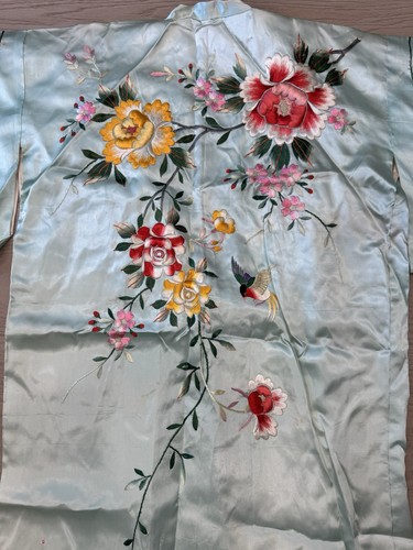 VTG 40s Japanese Silk Kimono Robe Mint Green Embroidered Bird Floral Export Boho - Picture 3 of 18