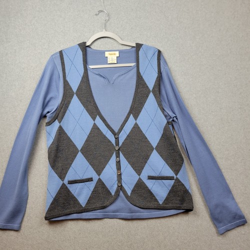 Vintage Talbots Damen großer Pullover Cardigan Argyle Seidenmischung Preppy blau grau