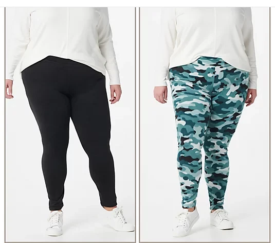 Cuddl Duds Fleecewear Stretch Leggings Pack 2-Black/Green Camo-Medium  A369295