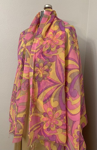 Vtg 60s Psychedelic Fabric Sheer Chiffon Flower Swirl Pink Retro Mod Pucci-esque - Picture 2 of 10