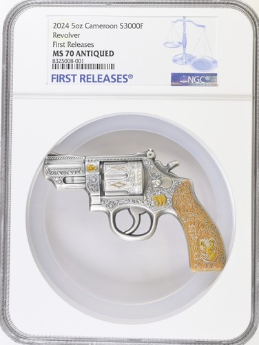 5 Oz Silver Coin 2024 Cameroon Revolver NGC MS 70 Antiqued First Releases - Picture 1 of 3